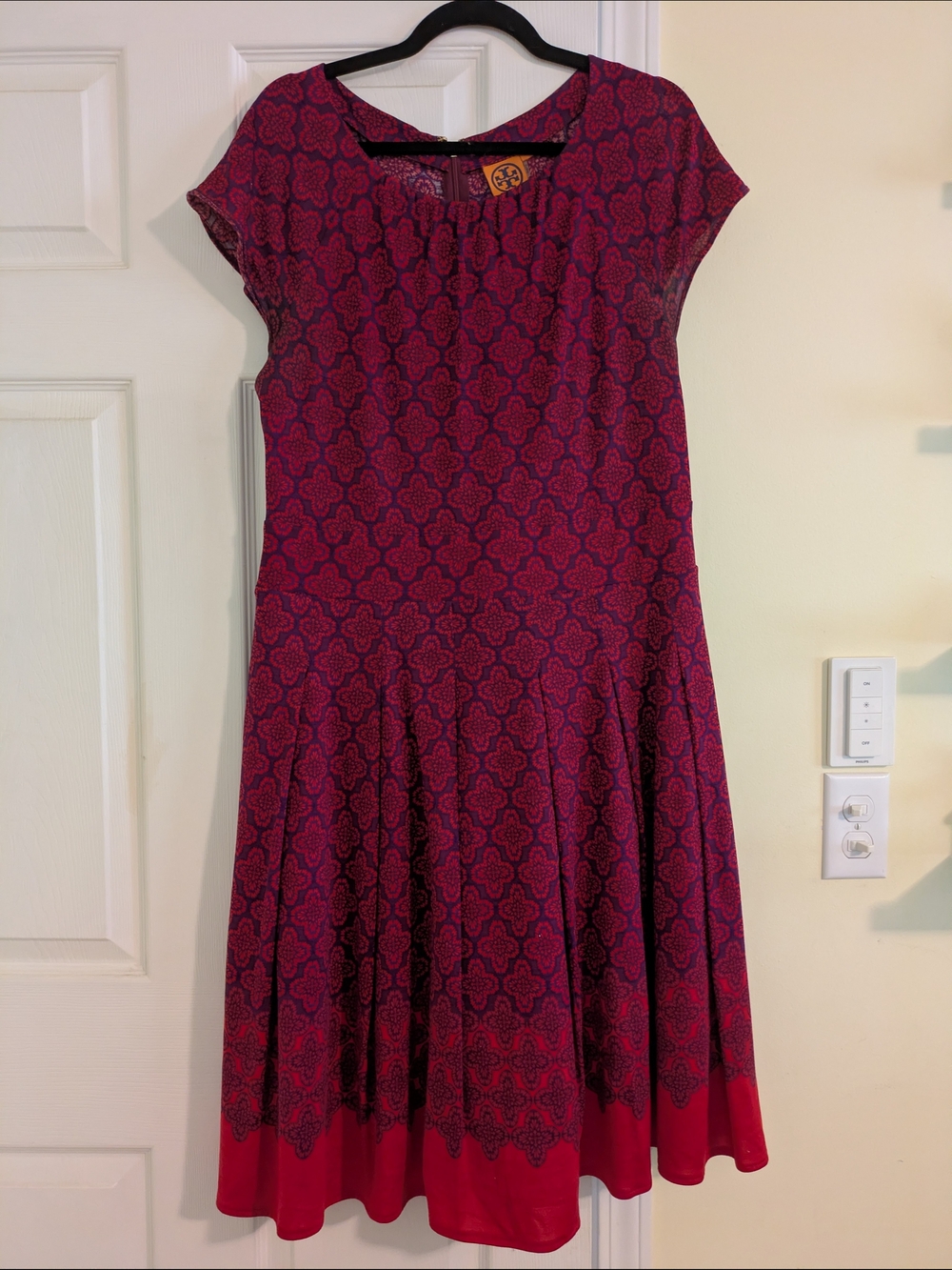 Tory Burch Magenta and Navy Patterned Cap-Sleeve Midi Dress